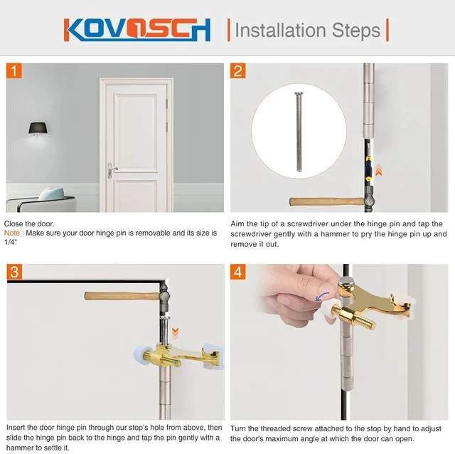 Alt view image 6 of 6 - 10 Pack Hinge Pin Door Stopper Bright Brass - Adjustable Heavy Duty Gold Hinge Pin Door Stops with White Rubber Bumper Tip