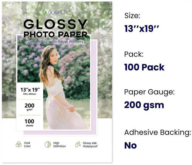 Alt view image 2 of 7 - 13x19 Photo Paper Glossy, 54 LB Printer Photo Paper 100 Sheets 200 GSM 13 x 19 Picture Paper for Inkjet Printer and Dye Ink