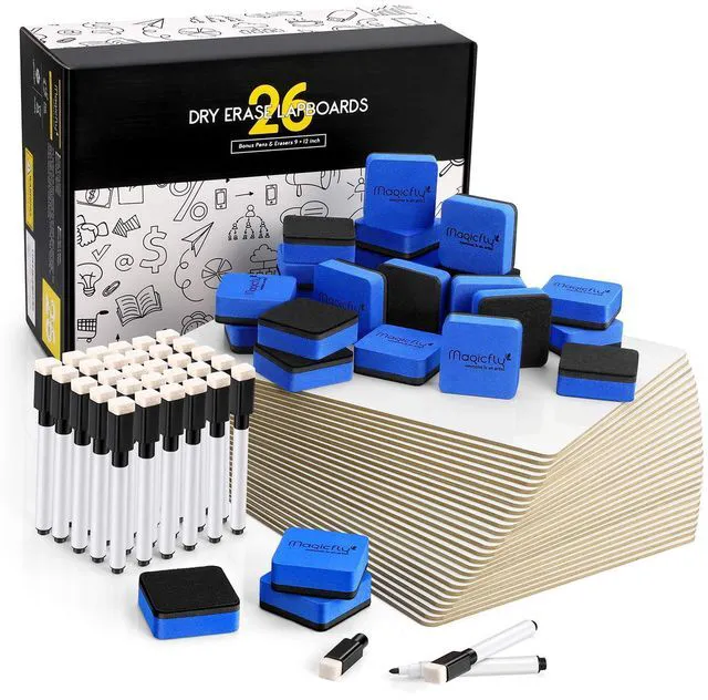 Main image of 26 Pack Double Sided Dry Erase Board, 9" x 12" Small White Boards Mini Whiteboards with 32 Pens and 26 Erasers, Classroom Whiteboards for Students Teachers School Supplies