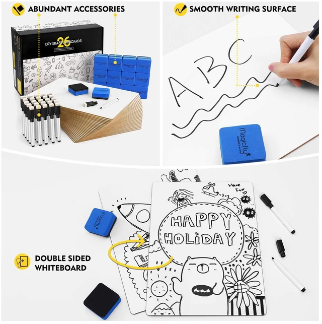 Alt view image 3 of 7 - 26 Pack Double Sided Dry Erase Board, 9" x 12" Small White Boards Mini Whiteboards with 32 Pens and 26 Erasers, Classroom Whiteboards for Students Teachers School Supplies