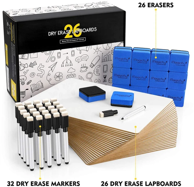 Alt view image 7 of 7 - 26 Pack Double Sided Dry Erase Board, 9" x 12" Small White Boards Mini Whiteboards with 32 Pens and 26 Erasers, Classroom Whiteboards for Students Teachers School Supplies