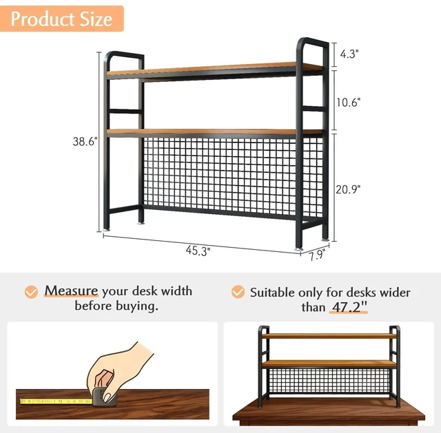 Alt view image 2 of 7 - 2-Tier Desktop Hutch Bookshelf, Metal Desk Shelf, Black, 45.3" W Steel Frame, 2 MDF Shelves, Grid Panel with 5 Hooks, Fits Over Monitors Up to 27" for Dorm Desks and Home Offices