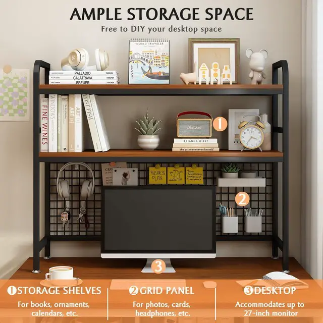 Alt view image 4 of 7 - 2-Tier Desktop Hutch Bookshelf, Metal Desk Shelf, Black, 45.3" W Steel Frame, 2 MDF Shelves, Grid Panel with 5 Hooks, Fits Over Monitors Up to 27" for Dorm Desks and Home Offices