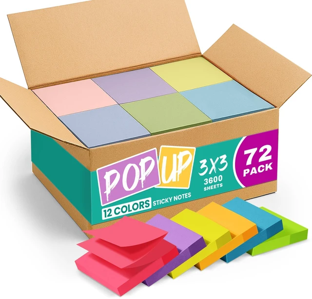 Main image of 72 Pads Pop Up Sticky Notes, 3x3 Inches, Accordion Self-Stick Notes Accordion Sticky Notes Refill for Dispenser, Bulk Sticky Notes for Office, Home, School, Meeting & Reminders, Bright