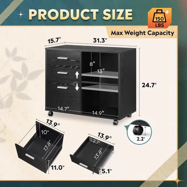 Alt view image 2 of 7 - Wood File Cabinet, 3 Drawer Lateral Filing Cabinet Black Mobile Office Cabinet, Printer Stand, Open Storage Shelves, Letter & A4 Compatible, Home Office