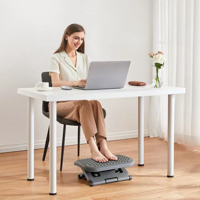 Alt view image 2 of 7 - Adjustable Foot Rest for Under Desk with 3 Height Position, Gray 18×13 inch platform, massage texture, ±30° tilt, large non-skid surface, pre-assembled for use, washable and odorless