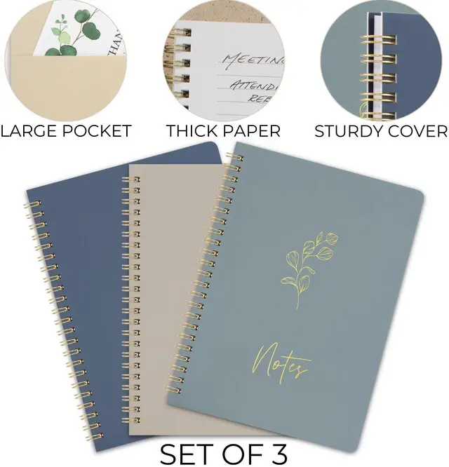 Alt view image 5 of 7 - Aesthetic Spiral Notebook Set of 3 For Women - Cute College Ruled Journals 8x6 Journal Notebook with Large Pockets and Lined Pages - Perfect Supplies to Stay Organized at Work or School