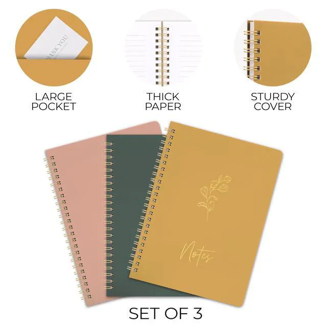 Alt view image 5 of 7 - Aesthetic Spiral Notebook Set of 3 - Cute 8x6 College Ruled Journals College Ruled Journals with Pockets - Perfect for Women to Stay Organized at Work or School