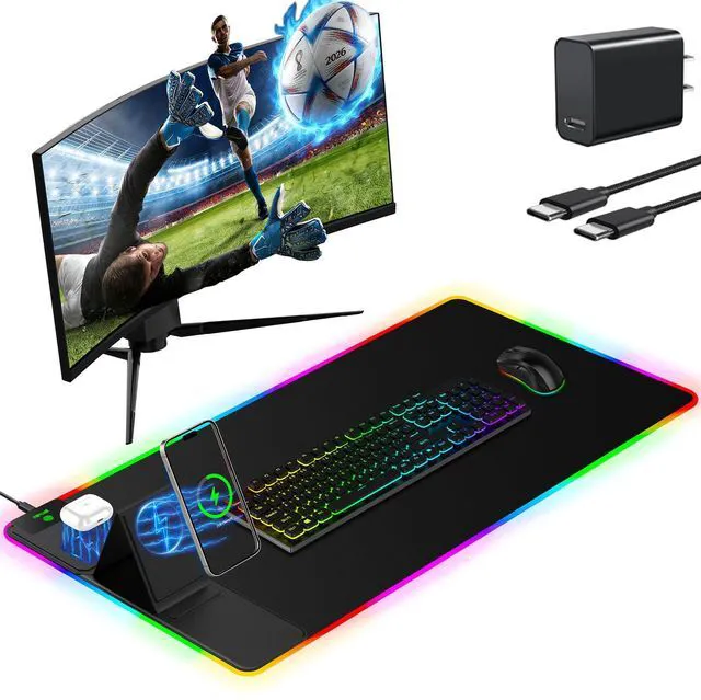 Main image of Mouse Pad with Wireless Charger Foldable Phone Holder, XXL RGB Gaming Mousepad 31.5"x15.8" Large Desk Mat for Keyboard, Black Desk Pad with Dual Qi Charging Station, 11 Colors 5 Modes