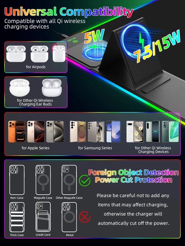 Alt view image 3 of 7 - Mouse Pad with Wireless Charger Foldable Phone Holder, XXL RGB Gaming Mousepad 31.5"x15.8" Large Desk Mat for Keyboard, Black Desk Pad with Dual Qi Charging Station, 11 Colors 5 Modes