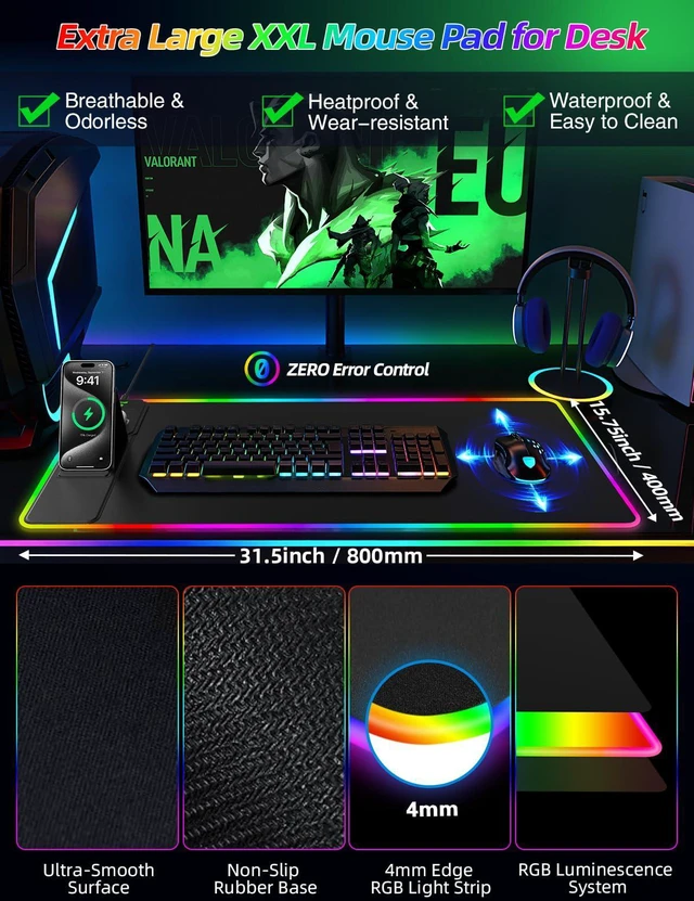Alt view image 5 of 7 - Mouse Pad with Wireless Charger Foldable Phone Holder, XXL RGB Gaming Mousepad 31.5"x15.8" Large Desk Mat for Keyboard, Black Desk Pad with Dual Qi Charging Station, 11 Colors 5 Modes