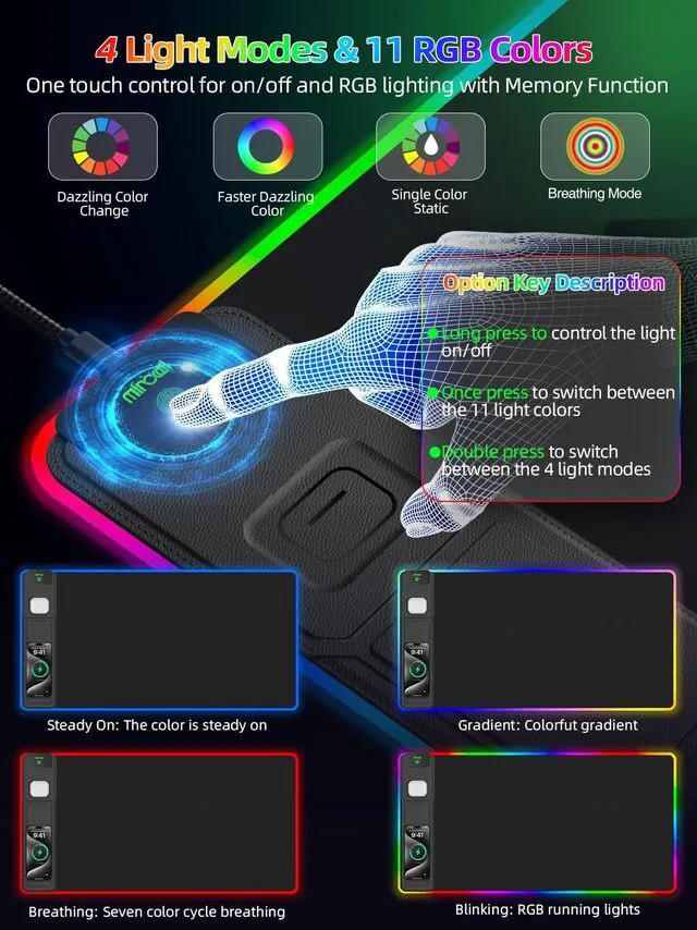 Alt view image 4 of 7 - Mouse Pad with Wireless Charger Foldable Phone Holder, XXL RGB Gaming Mousepad 31.5"x15.8" Large Desk Mat for Keyboard, Black Desk Pad with Dual Qi Charging Station, 11 Colors 5 Modes