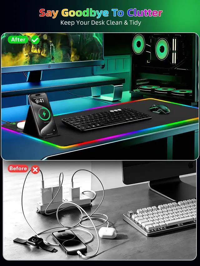 Alt view image 6 of 7 - Mouse Pad with Wireless Charger Foldable Phone Holder, XXL RGB Gaming Mousepad 31.5"x15.8" Large Desk Mat for Keyboard, Black Desk Pad with Dual Qi Charging Station, 11 Colors 5 Modes