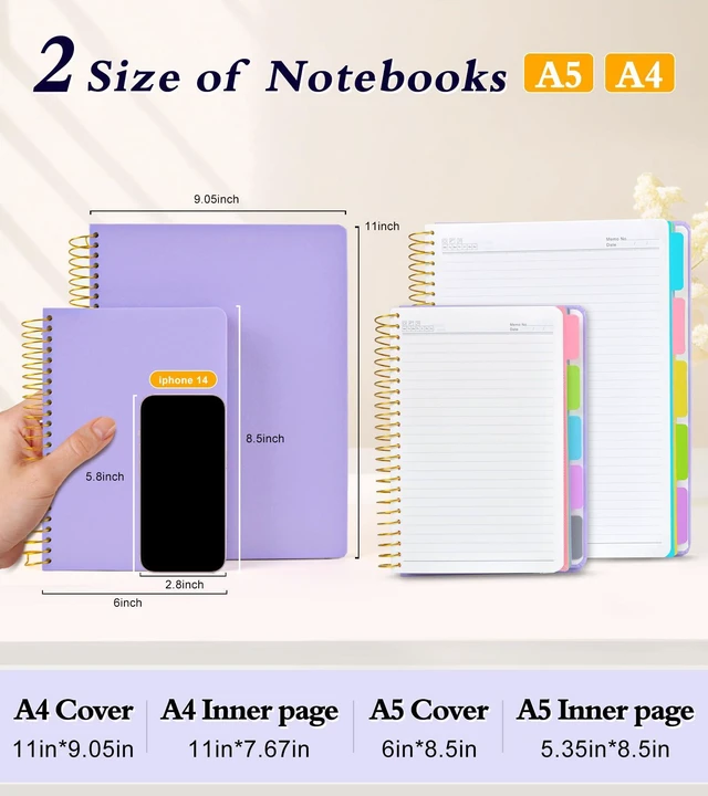 Alt view image 2 of 7 - 5 Subject Notebook College Ruled with Removable Pocket Dividers Tabs, 240 Pages Spiral Notebook 8.5 x 11, Lined Journal Notebook for Women, Hardcover Notebooks for Work School Note taking A4 Purple