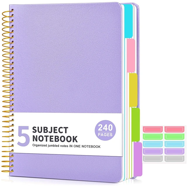 Main image of 5 Subject Notebook College Ruled with Removable Pocket Dividers Tabs, 240 Pages Spiral Notebook 8.5 x 11, Lined Journal Notebook for Women, Hardcover Notebooks for Work School Note taking A4 Purple