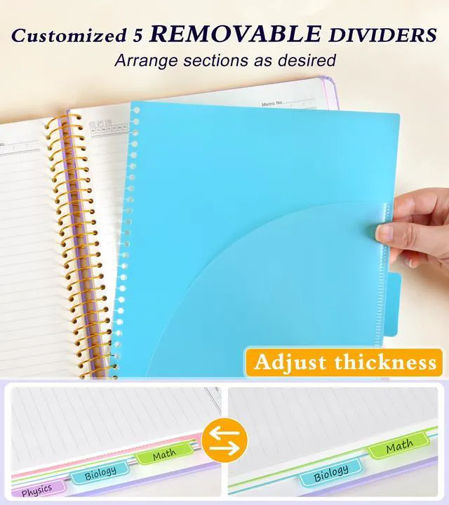 Alt view image 4 of 7 - 5 Subject Notebook College Ruled with Removable Pocket Dividers Tabs, 240 Pages Spiral Notebook 8.5 x 11, Lined Journal Notebook for Women, Hardcover Notebooks for Work School Note taking A4 Purple