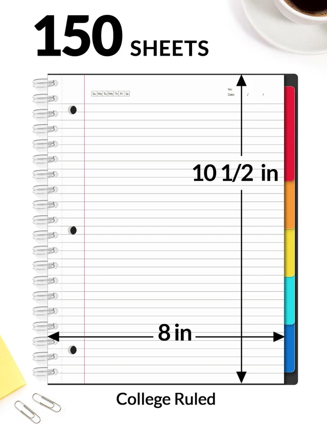 Alt view image 3 of 7 - Spiral Notebooks for Work with Removable Dividers & Tabs College Ruled 5 Subject, 300 Pages, 3 Hole Punched, Durable PP Cover, 8"x10.5" Notebooks for Office or School, Black