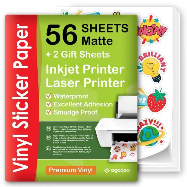 Main image of Premium Printable Vinyl Sticker Paper, Waterproof, 56 Matte Printing Sheets For Inkjet & Laser, Self-Adhesive, Quick Drying, Smudge Proof, Tear Resistant, Scratch Resistant, White A4 Paper