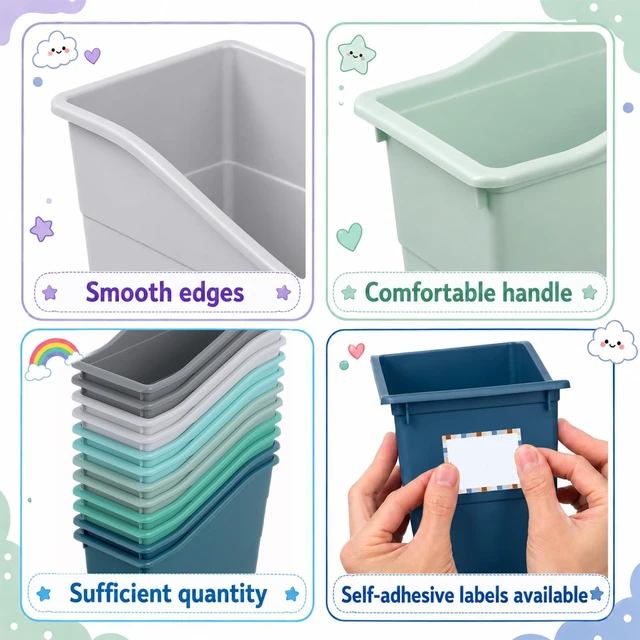 Alt view image 3 of 7 - 12 Pack Large Book Bins with Labels (Modern) Durable Plastic,Stackable Magazine Organizer,Storage Bins for Classroom,Library,Office,Bookshelf Categorization