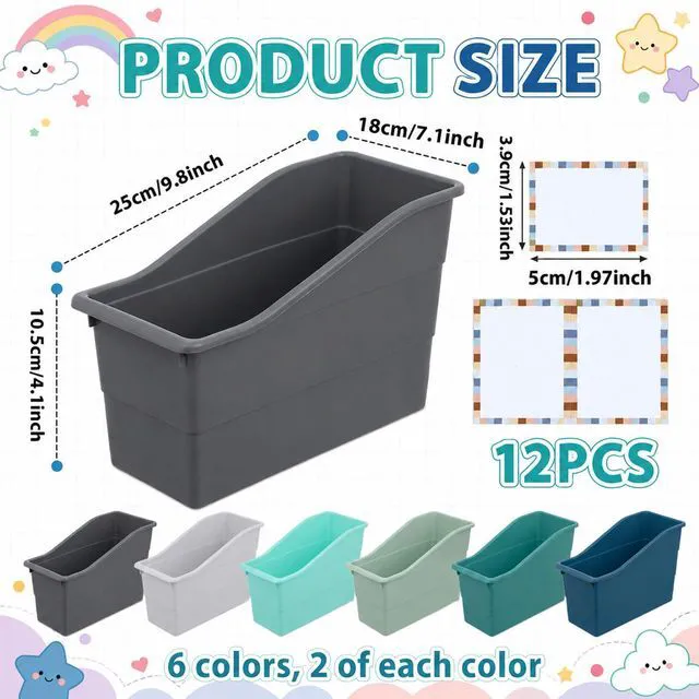 Alt view image 2 of 7 - 12 Pack Large Book Bins with Labels (Modern) Durable Plastic,Stackable Magazine Organizer,Storage Bins for Classroom,Library,Office,Bookshelf Categorization