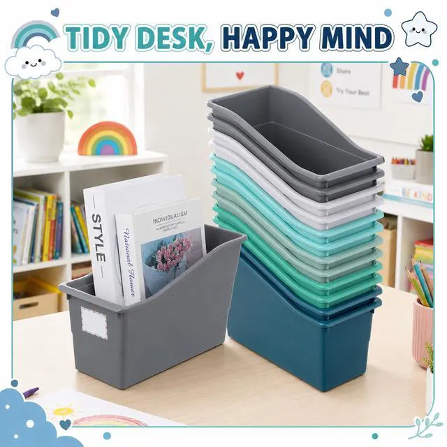 Alt view image 4 of 7 - 12 Pack Large Book Bins with Labels (Modern) Durable Plastic,Stackable Magazine Organizer,Storage Bins for Classroom,Library,Office,Bookshelf Categorization