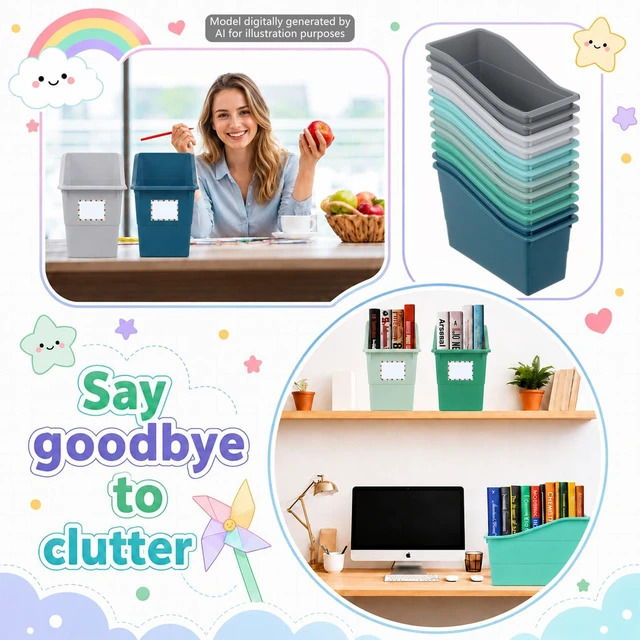 Alt view image 5 of 7 - 12 Pack Large Book Bins with Labels (Modern) Durable Plastic,Stackable Magazine Organizer,Storage Bins for Classroom,Library,Office,Bookshelf Categorization