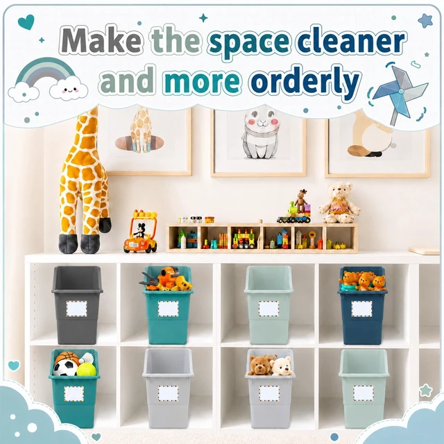 Alt view image 6 of 7 - 12 Pack Large Book Bins with Labels (Modern) Durable Plastic,Stackable Magazine Organizer,Storage Bins for Classroom,Library,Office,Bookshelf Categorization