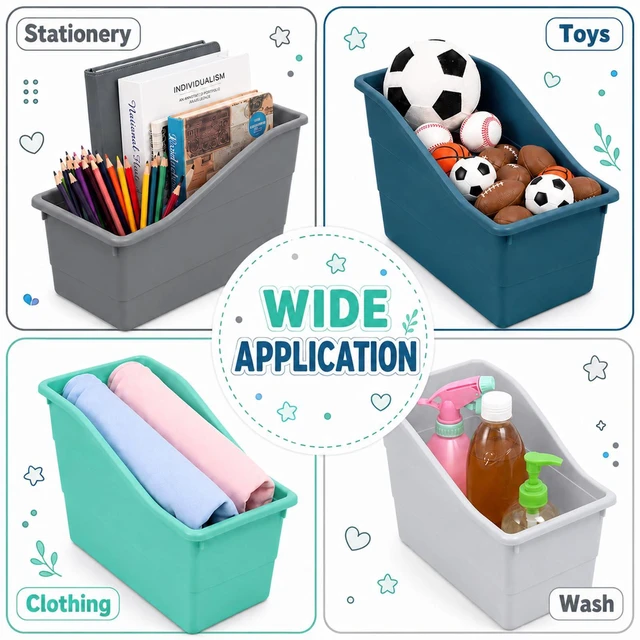 Alt view image 7 of 7 - 12 Pack Large Book Bins with Labels (Modern) Durable Plastic,Stackable Magazine Organizer,Storage Bins for Classroom,Library,Office,Bookshelf Categorization