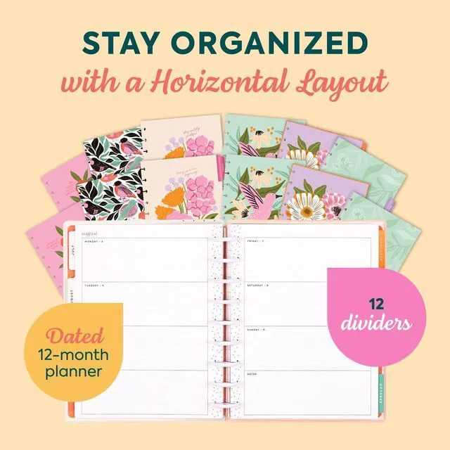 Alt view image 3 of 6 - Happy Planner Disc-Bound Planner July 2026June 2027, Classic Size Includes 3 extra months and 2 sticker sheets, 7" x 9.25", Horizontal Layout, Feathered Flora theme