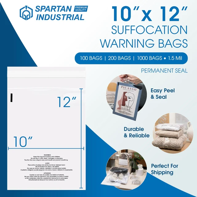 Alt view image 2 of 7 - 10" X 12" (1000 Count) Self Seal Clear Poly Bags with Suffocation Warning for Packaging, Shipping - Permanent Adhesive
