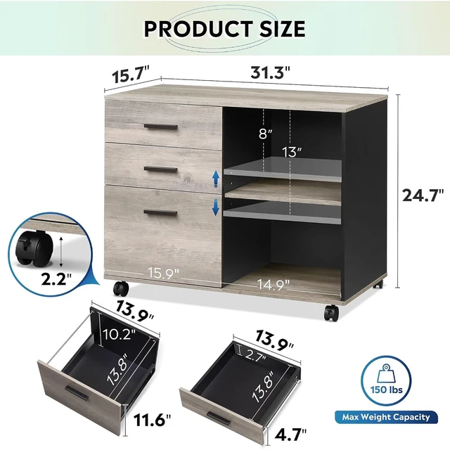 Alt view image 2 of 6 - 3-Drawer Mobile File Cabinet, Lateral Filing Cabinet, Greige Wood, Rolling Printer Stand, Under Desk Storage, Open Shelves, Fits Letter & A4 File, Home Office