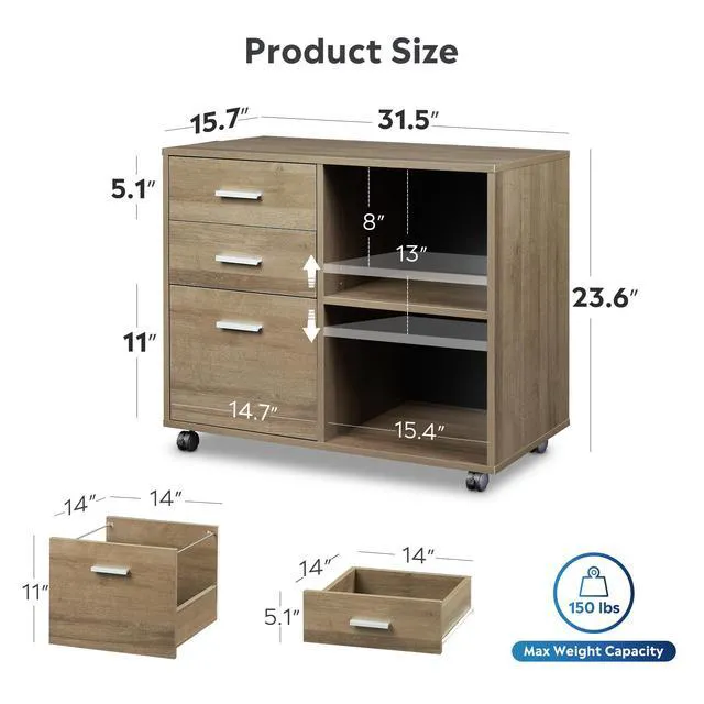 Alt view image 3 of 7 - Wood File Cabinet, 3 Drawer Lateral Filing Cabinet, Gray Oak Mobile Office Cabinet, Printer Stand, Open Storage Shelves, Letter & A4 Compatible, Home Office