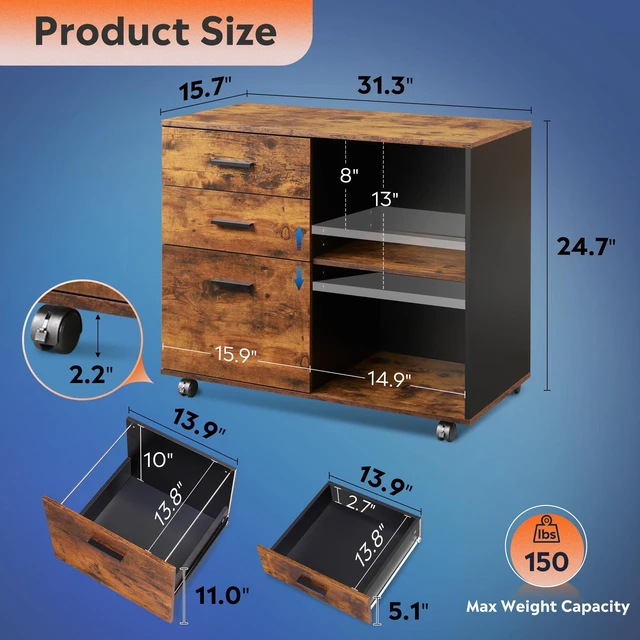 Alt view image 3 of 7 - 3-Drawer Mobile File Cabinet, Lateral Filing Cabinet, Rustic Brown Wood, Rolling Printer Stand, Under Desk Storage, Open Shelves, Fits Letter & A4 File, Home Office
