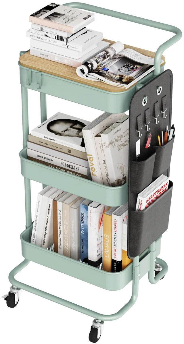 Main image of 3-Tier Rolling Cart with Table Top, Metal Utility Cart with Side Bags Tray Storage Organizer, Lockable Wheels, 4 Hooks, Art Cart for Kitchen, Bathroom, Office, Craft room, Living room, Green