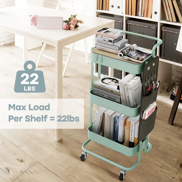 Alt view image 3 of 7 - 3-Tier Rolling Cart with Table Top, Metal Utility Cart with Side Bags Tray Storage Organizer, Lockable Wheels, 4 Hooks, Art Cart for Kitchen, Bathroom, Office, Craft room, Living room, Green