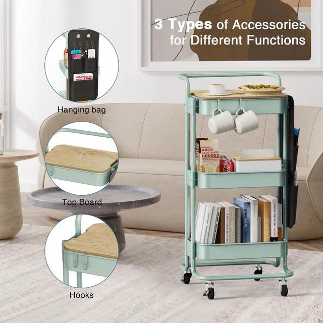 Alt view image 5 of 7 - 3-Tier Rolling Cart with Table Top, Metal Utility Cart with Side Bags Tray Storage Organizer, Lockable Wheels, 4 Hooks, Art Cart for Kitchen, Bathroom, Office, Craft room, Living room, Green