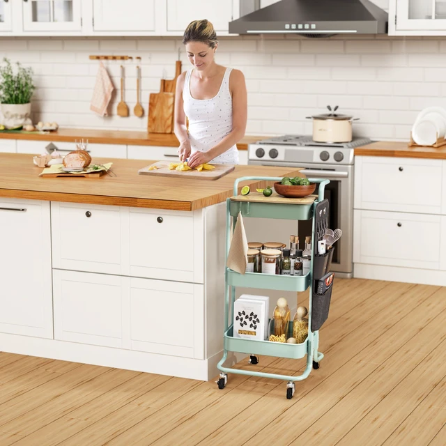 Alt view image 7 of 7 - 3-Tier Rolling Cart with Table Top, Metal Utility Cart with Side Bags Tray Storage Organizer, Lockable Wheels, 4 Hooks, Art Cart for Kitchen, Bathroom, Office, Craft room, Living room, Green