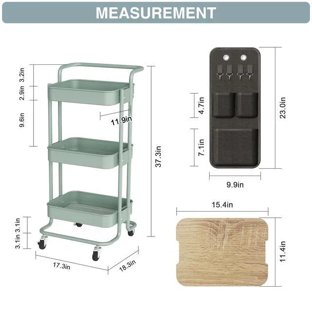 Alt view image 6 of 7 - 3-Tier Rolling Cart with Table Top, Metal Utility Cart with Side Bags Tray Storage Organizer, Lockable Wheels, 4 Hooks, Art Cart for Kitchen, Bathroom, Office, Craft room, Living room, Green