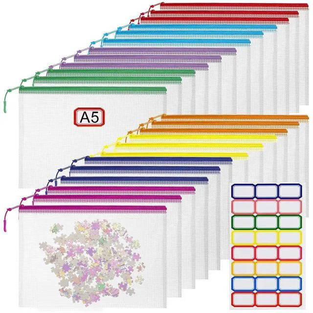 Main image of 24pcs Mesh Zipper Pouch File Bags Puzzle Storage Bags, A5 Size 9.4 x 6.9 Inches Large Reusable Zipper Pouches for Organizing Classroom Board Game Organization