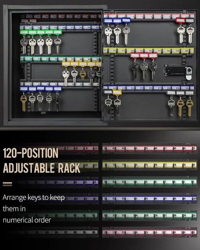 Alt view image 5 of 6 - 120 Position Steel Key Cabinet with Combination and Key Lock Wall-mount key box, resettable 4-digit code lock, 2 spare keys, thickened steel, large capacity, adjustable racks and labels