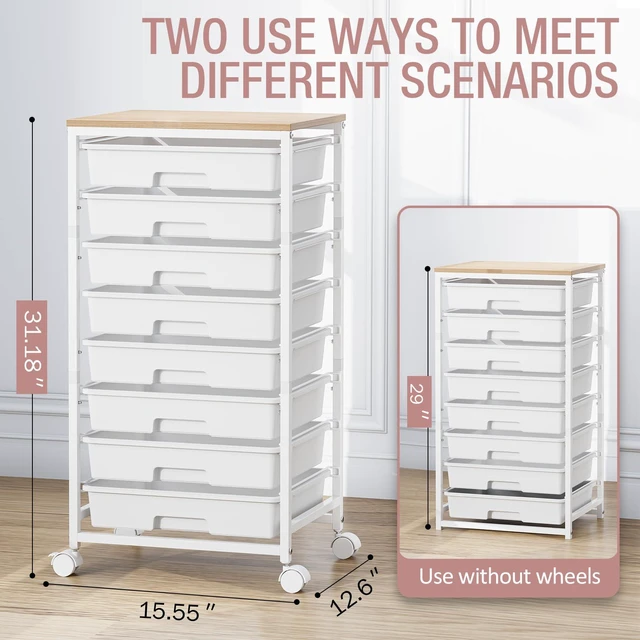 Alt view image 3 of 7 - Rolling Storage Cart with 8 Drawers,White Utility Cart on Wheels with Wooden Tabletop,Teacher Organization for Classroom, Art Cart for Office,Bedroom,Craft Room