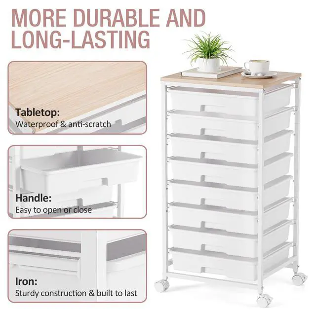 Alt view image 5 of 7 - Rolling Storage Cart with 8 Drawers,White Utility Cart on Wheels with Wooden Tabletop,Teacher Organization for Classroom, Art Cart for Office,Bedroom,Craft Room