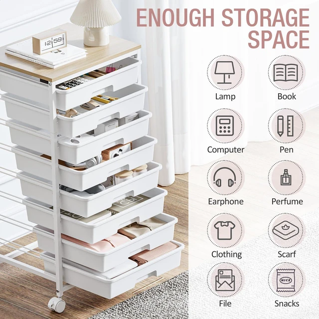Alt view image 4 of 7 - Rolling Storage Cart with 8 Drawers,White Utility Cart on Wheels with Wooden Tabletop,Teacher Organization for Classroom, Art Cart for Office,Bedroom,Craft Room