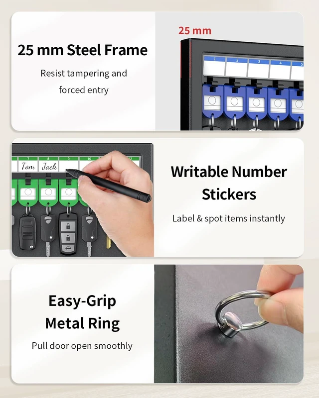 Alt view image 5 of 7 - 48 Keys Key Lock Box, Wall Mount Key Box, Car Key Organizer with Writable Key Racks and Tags, Security Key Cabinet, Car Key Holder Storage Box for Office, Hotel & Company