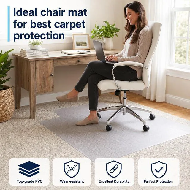 Alt view image 2 of 7 - Chair Mat for Carpet- Low Pile (1/4" Thick) Carpet Protector for Office Gaming Computer Desk Chair. Heavy Duty Desk Chair Mat for Carpeted Floors, Semi Transparent (with Lip)