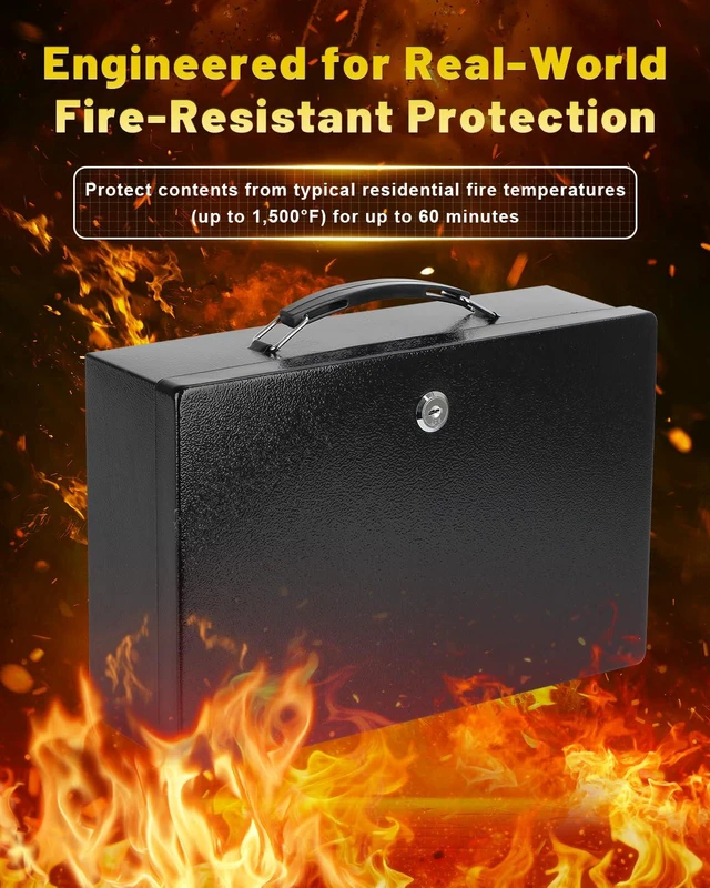 Alt view image 2 of 7 - Fireproof Document Box with Key Lock, Small Lock Boxes for Personal Items, Fire and Water Resistance, Fireproof Safe Box for Documents, Jewelry, Passport, Cash, 12.6'' x 8.3'' x 3.58'' Black