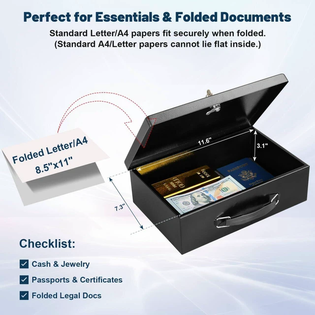 Alt view image 5 of 7 - Fireproof Document Box with Key Lock, Small Lock Boxes for Personal Items, Fire and Water Resistance, Fireproof Safe Box for Documents, Jewelry, Passport, Cash, 12.6'' x 8.3'' x 3.58'' Black