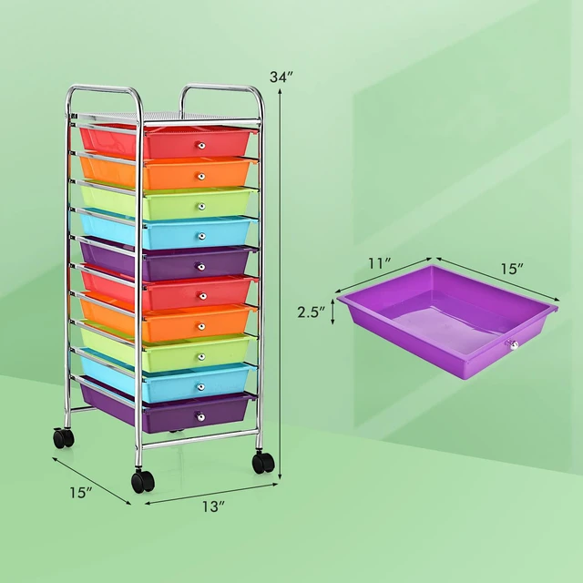 Alt view image 3 of 7 - Storage Cart, Rolling Utility Cart with 10 Drawers, Portable Handles & Lockable Wheels, Mobile Paper Toys Storage Organizer Large Capacity for Home Office School Teacher (Multi-Color)