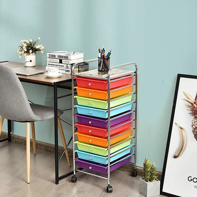 Alt view image 2 of 7 - Storage Cart, Rolling Utility Cart with 10 Drawers, Portable Handles & Lockable Wheels, Mobile Paper Toys Storage Organizer Large Capacity for Home Office School Teacher (Multi-Color)