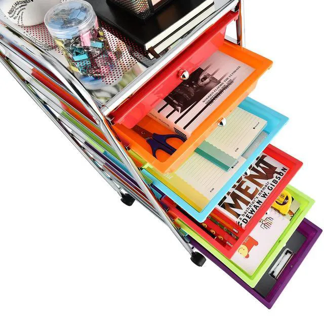 Alt view image 7 of 7 - Storage Cart, Rolling Utility Cart with 10 Drawers, Portable Handles & Lockable Wheels, Mobile Paper Toys Storage Organizer Large Capacity for Home Office School Teacher (Multi-Color)